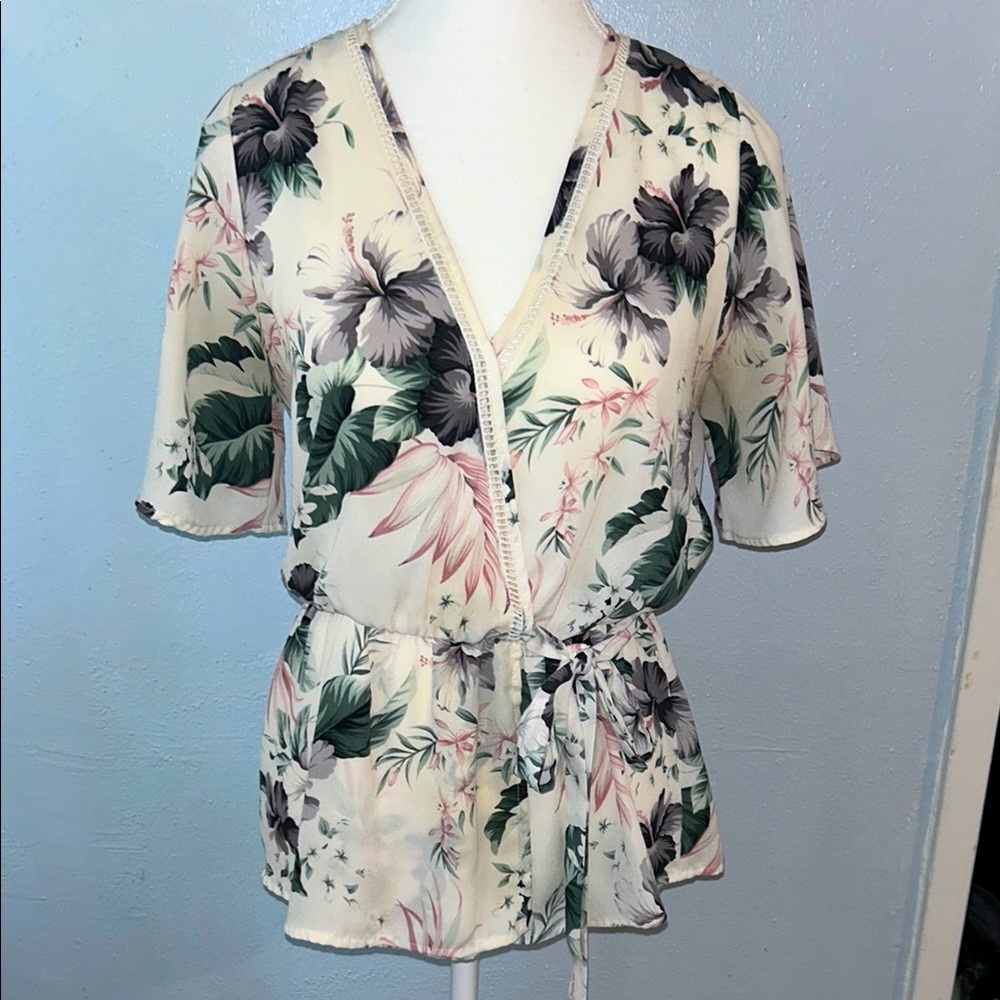 Sienna Sky Black and Pink Flutter Sleeve faux wrap Blouse